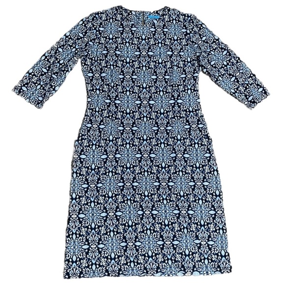 J. McLaughlin Catalyst 3/4 Sleeve Crew Neck Catalina Cloth Dress Blue Medallion - Picture 1 of 8